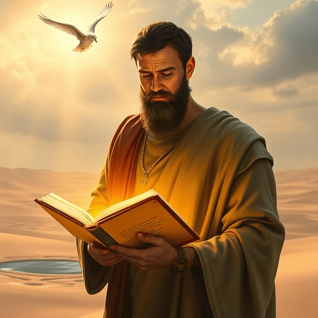A photorealistic scene of Philip sitting alone in the desert, studying an open Bible illuminated by golden light. A dove (Holy Spirit) hovers above, while a distant chariot and blooming plant symbolize divine appointments and fruitfulness. Hebrew script of Isaiah 53:7 glows on the Bible page.