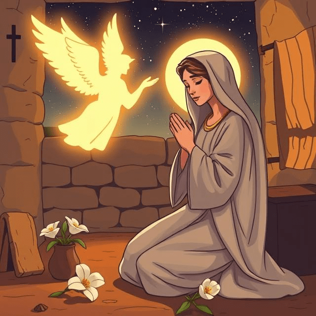 A semi-realistic illustration of Mary (Luke 1:28) kneeling in prayer, holding a glowing white lily symbolizing purity. A dove (Holy Spirit) hovers above her, with golden light illuminating her face and Hebrew script of Luke 1:28 glowing faintly. A desert path transitions to a radiant starry sky, representing divine destiny