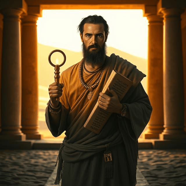 “A photorealistic illustration of a Levite gatekeeper at the entrance of the ancient tabernacle, holding a golden key and Scripture scroll. Warm light streams from the tabernacle doors, illuminating structured pillars and a burning oil lamp. The image symbolizes the biblical foundation of ushering: order, stewardship, and reverence for God’s presence.”