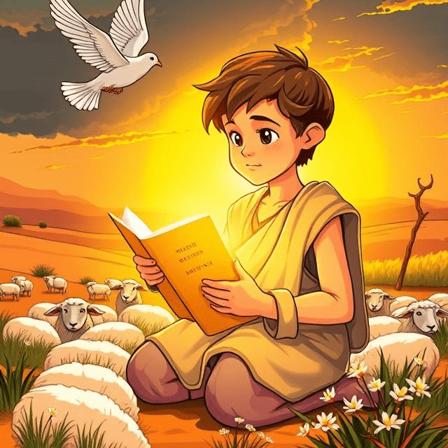 A semi-realistic cel shaded portrait of young David kneeling in prayer, holding a glowing Scripture scroll. A dove (Holy Spirit) hovers above, with a stormy horizon transitioning to lush pasture. Hebrew script of Ecclesiastes 12:1 glows faintly, symbolizing urgency to seek God in youth.