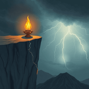 Biblical illustration of a burning lamp on a cliff, symbolizing the fragility of anointing without holiness.