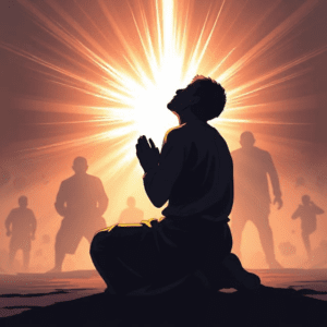 Biblical illustration of a believer kneeling in prayer, surrounded by divine light, representing authority to cancel evil spiritual announcements and reclaim destiny.