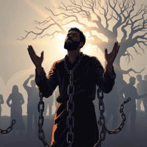 Biblical illustration of a believer breaking chains of generational curses, representing freedom from family heritage attacks through prayer and authority in Christ.
