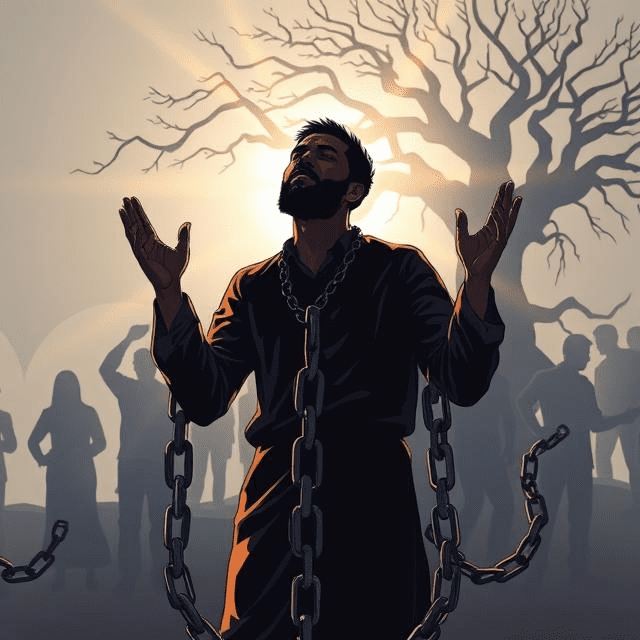 Biblical illustration of a believer breaking chains of generational curses, representing freedom from family heritage attacks through prayer and authority in Christ.