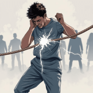 An illustration of a believer breaking free from an invisible rope, representing deliverance from spiritual stagnation and limitation through faith and prayer.