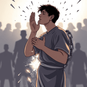 An illustration of a believer breaking free from invisible chains, representing deliverance from spiritual manipulation and control through prayer and authority in Christ.