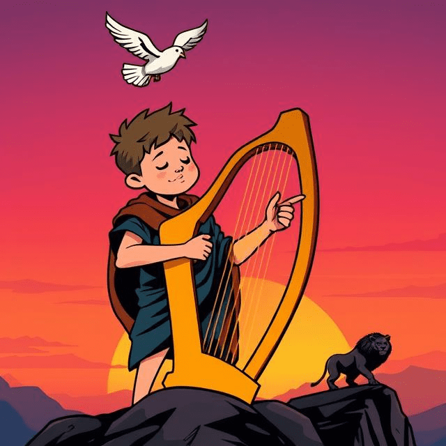 A cartoon close-up of young David playing a golden harp, fiery light radiating from its strings. A stylized dove with fiery wings hovers above, against a gradient comic-book sky. Hebrew notes of Psalm 144:9 glow nearby