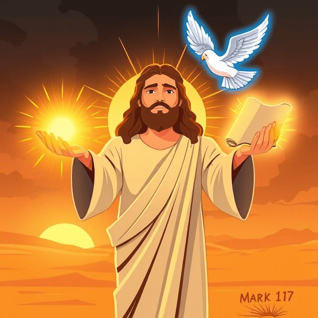 Cel-shaded Jesus radiates fiery light, forming a glowing scroll and flaming sword. A dove hovers above, while broken chains and a dead lion symbolize healing and deliverance. Dark storm clouds transition to a radiant sunrise.