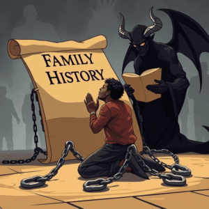 Biblical illustration of a believer breaking free from generational chains as the devil studies a family’s history, representing spiritual warfare and deliverance from ancestral strongholds.