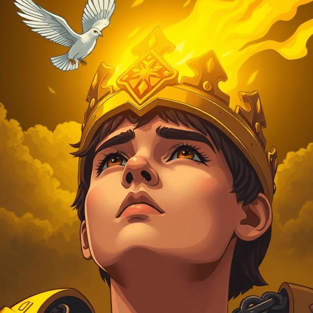 A close-up of a young warrior with a flaming crown, eyes fixed upward. A dove hovers above, with Mount Zion glowing in the distance. Broken chains fall from their shoulders.