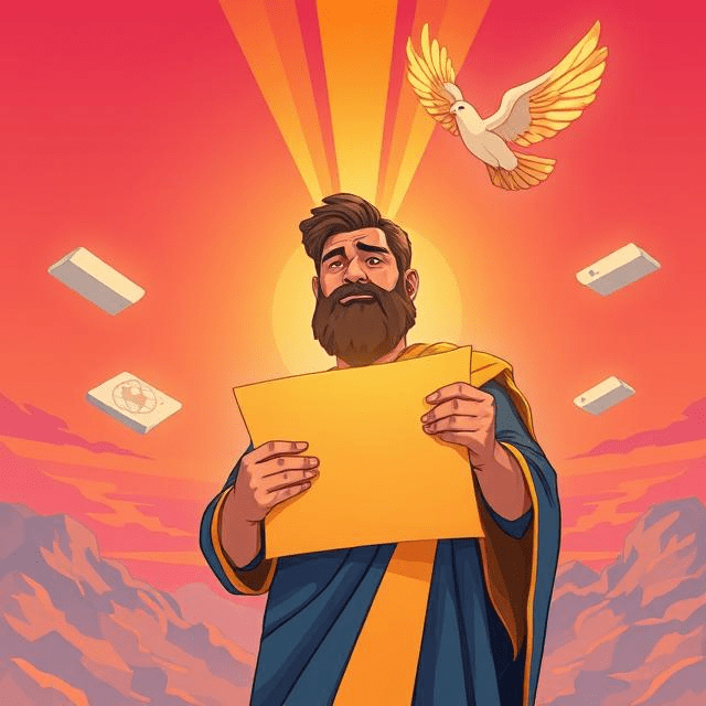 Cel-shaded Ezra the Scribe holds a glowing scroll radiating fiery light. A dove with fiery wings hovers above, while celestial tablets and light beams toward a globe symbolize Media & IT’s global mission.