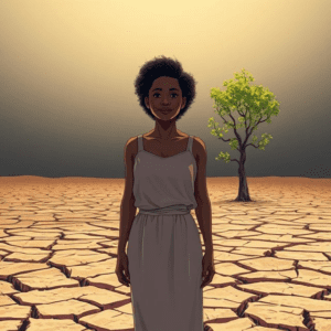Modern illustration of a person standing in a field of dry, cracked ground, with a fresh tree sprouting behind them, representing freedom from ancestral affliction and new beginnings in Christ.