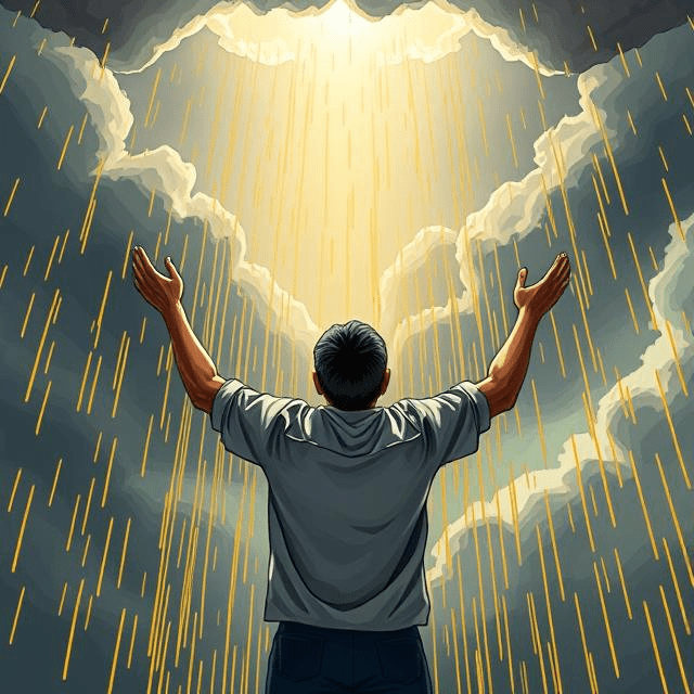An illustration of a person standing under an open sky with golden rain falling, representing supernatural financial provision and open heavens.