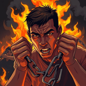 An illustration of a person breaking chains with fire in the background, representing deliverance from bloodline curses and ancestral bondage.