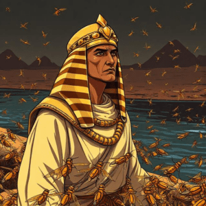 Biblical illustration of Pharaoh standing by the Nile River, surrounded by locusts, crying out to Moses and Aaron for mercy, symbolizing desperation and God’s judgment.
