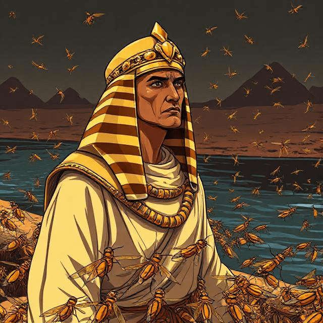 Biblical illustration of Pharaoh standing by the Nile River, surrounded by locusts, crying out to Moses and Aaron for mercy, symbolizing desperation and God’s judgment.