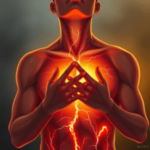 An illustration of a person praying with glowing hands over their chest, divine light purging generational sickness and restoring health.