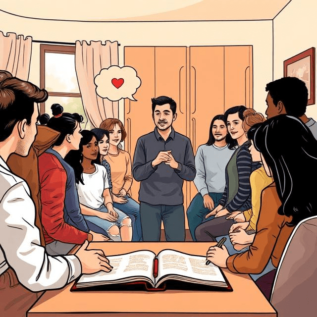 Drawing of a group of people in a cozy setting, talking and sharing personal testimonies to encourage one another.