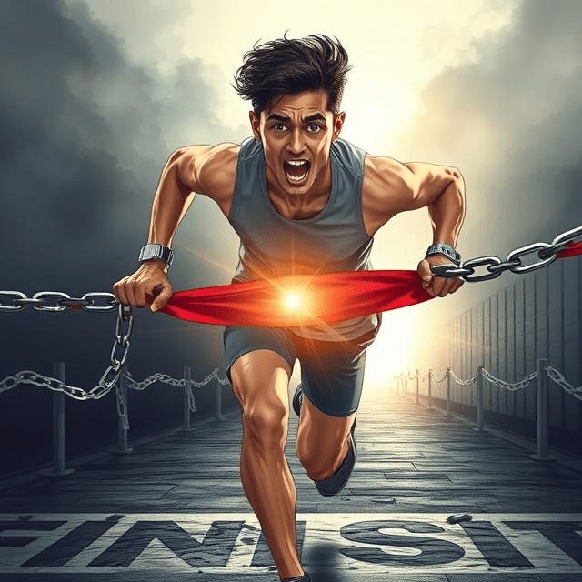 An illustration of a person breaking through a finish line with chains shattering, representing victory over the spirit of "almost-there" and delayed success.