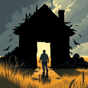 Modern illustration of a person walking out of a dark, crumbling house into a bright, open field, representing freedom from generational curses and ancestral bondage.