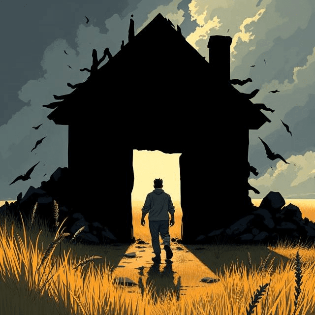 Modern illustration of a person walking out of a dark, crumbling house into a bright, open field, representing freedom from generational curses and ancestral bondage.