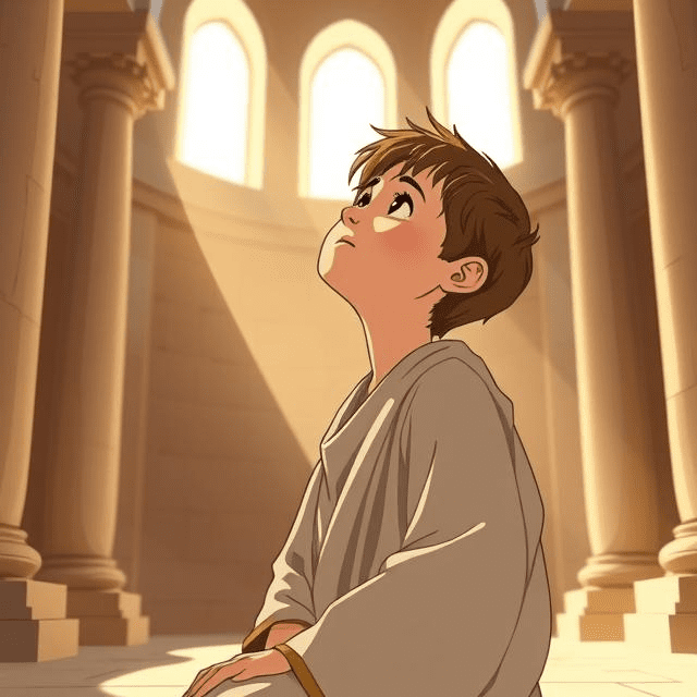 An illustration of young Samuel in the temple, answering God’s call with the words, "Speak, Lord, for thy servant heareth."