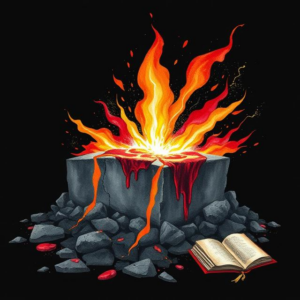Bold hand-drawn illustration of blood and fire saturating cracked foundation, symbolizing spiritual deliverance and restoration through the Blood of Jesus.