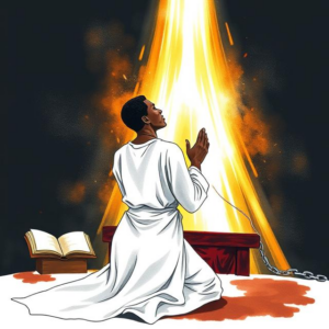 Illustration of a person in prayer before a radiant altar, symbolizing divine mercy prayer with glowing light and broken chains in the background
