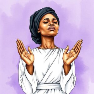 Midnight African woman praying with tear-filled eyes and chains dissolving in steam