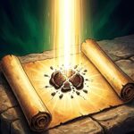 A sealed scroll breaking open as brilliant light descends upon it.