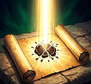 A sealed scroll breaking open as brilliant light descends upon it.
