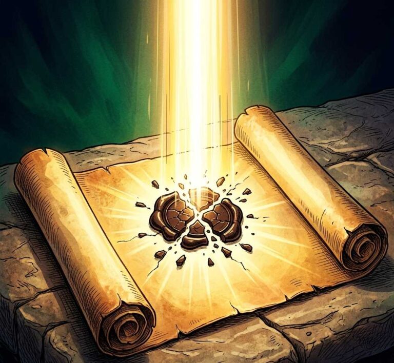 A sealed scroll breaking open as brilliant light descends upon it.