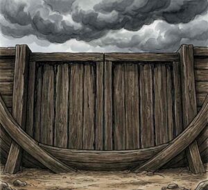 A massive wooden ark door sealed shut under darkening storm clouds.