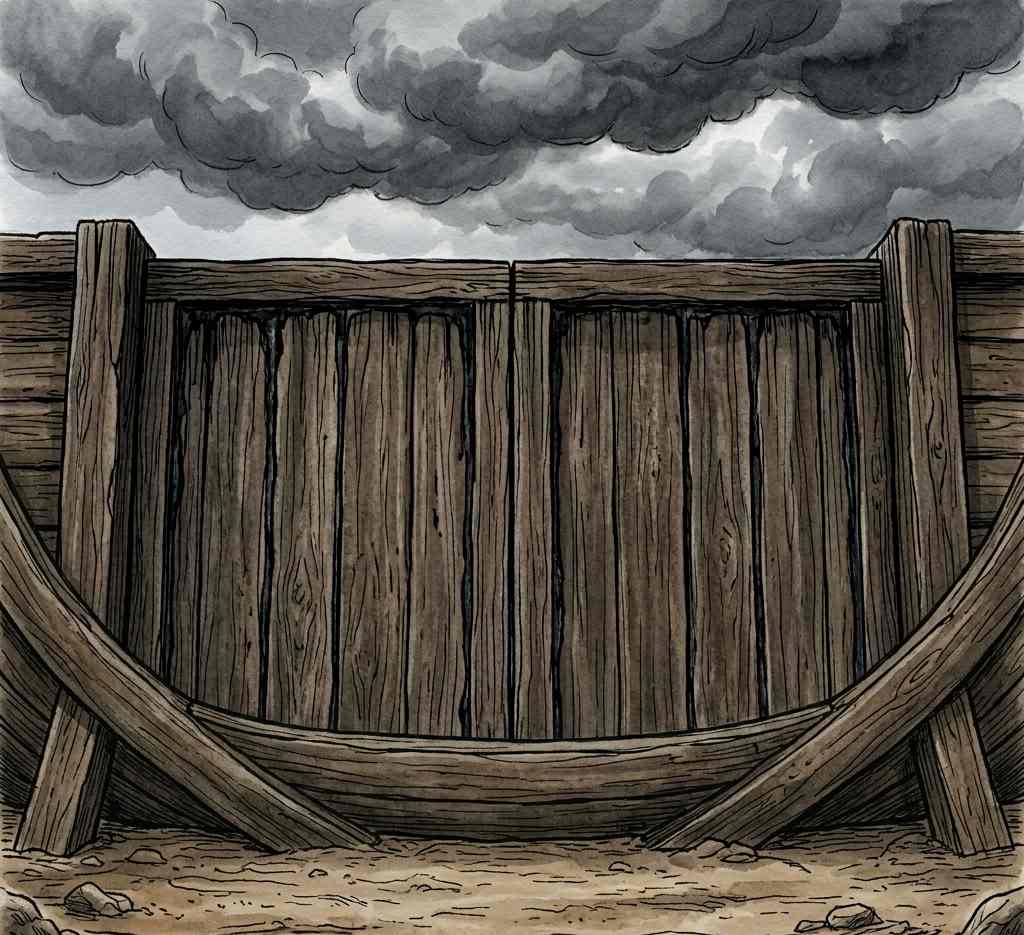 A massive wooden ark door sealed shut under darkening storm clouds.
