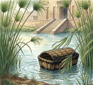 A small basket woven of reeds floating among tall papyrus plants at the edge of a river.