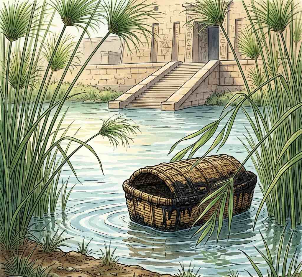 A small basket woven of reeds floating among tall papyrus plants at the edge of a river.