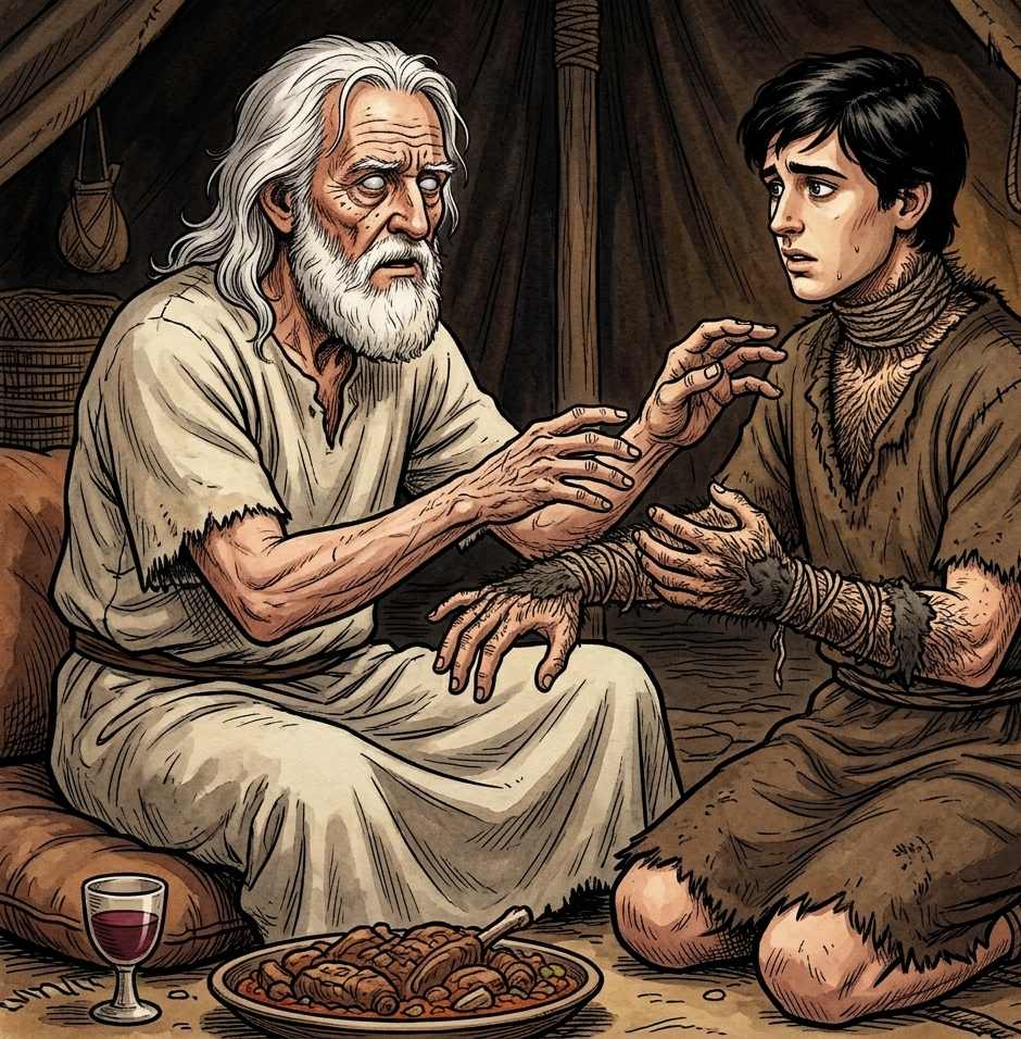 Blind old man touching the hairy goat skin tied to a young man's arm in a dim tent.