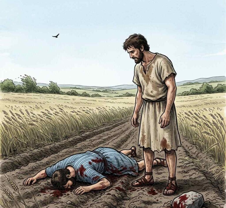 A man standing over a fallen brother in a field, a stone on the ground.