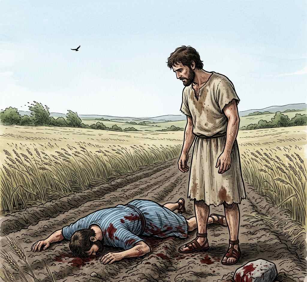 A man standing over a fallen brother in a field, a stone on the ground.