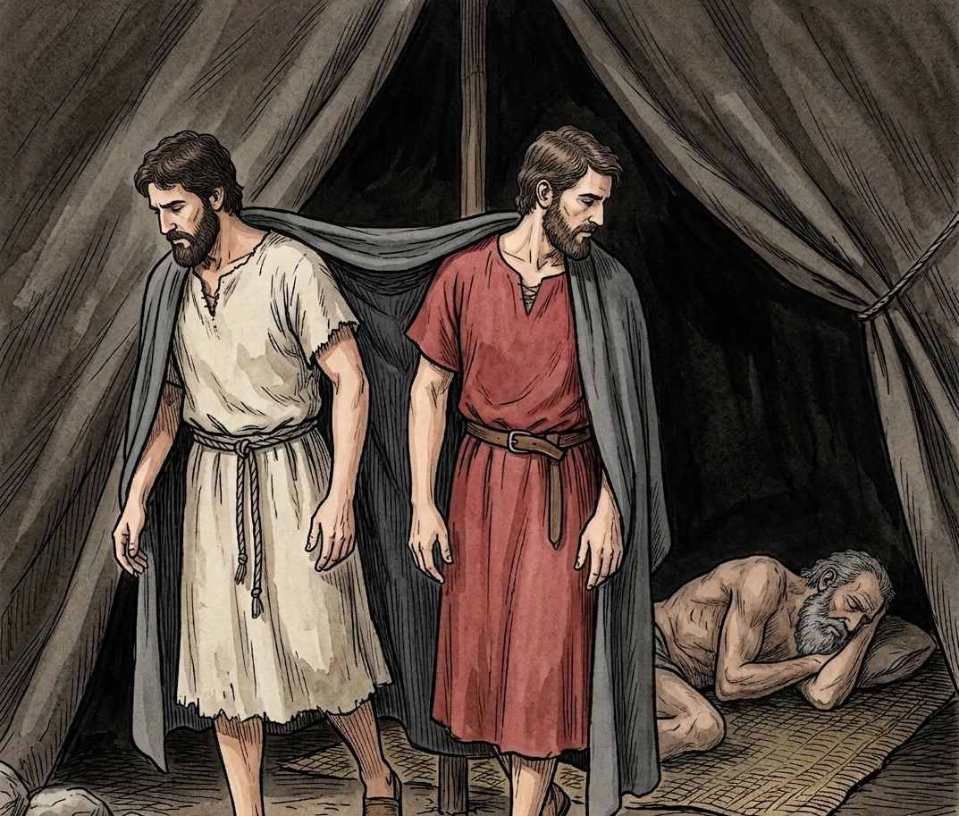 Two men walking backward carrying a garment into a dark tent.
