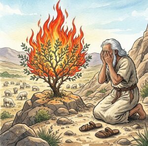 A thorn bush on fire in the desert with a shepherd kneeling before it.