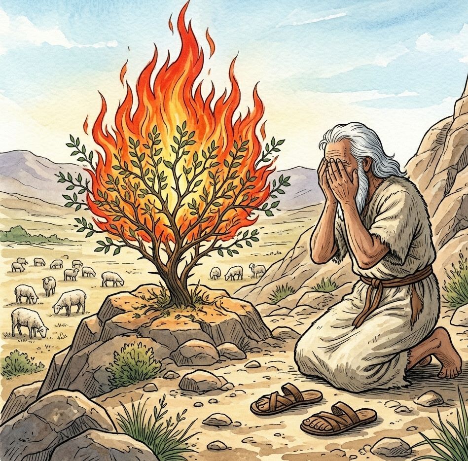 A thorn bush on fire in the desert with a shepherd kneeling before it.