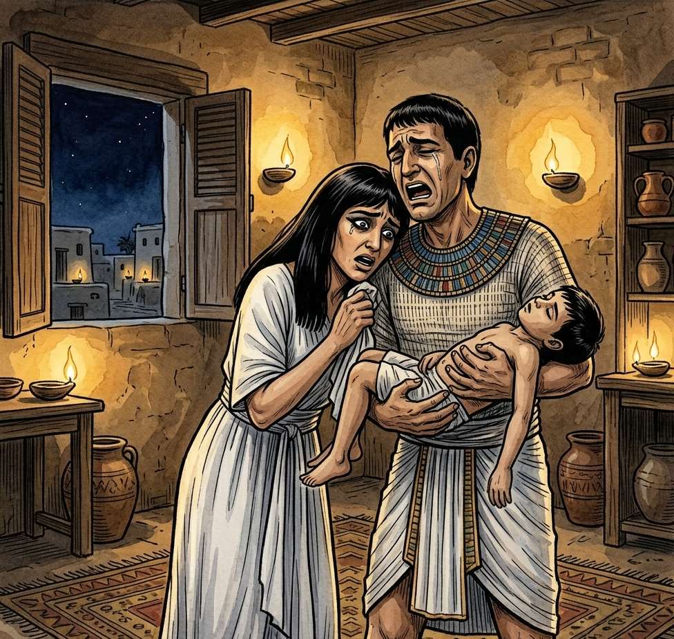 Egyptian families wailing in grief in the darkness with a dead firstborn child.