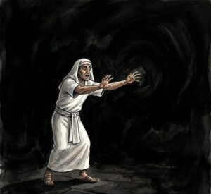 An Egyptian man groping in total darkness while light shines in distant Hebrew homes.