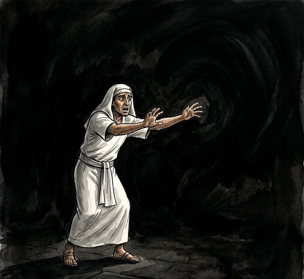 An Egyptian man groping in total darkness while light shines in distant Hebrew homes.