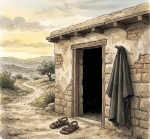 Empty sandals by a doorway at dawn, path stretching into distant hills.