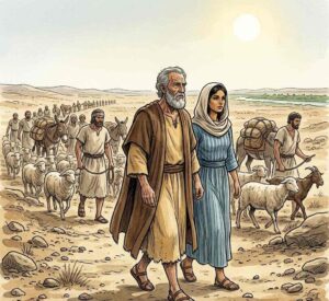 An old man and a woman traveling south toward Egypt with flocks and servants.