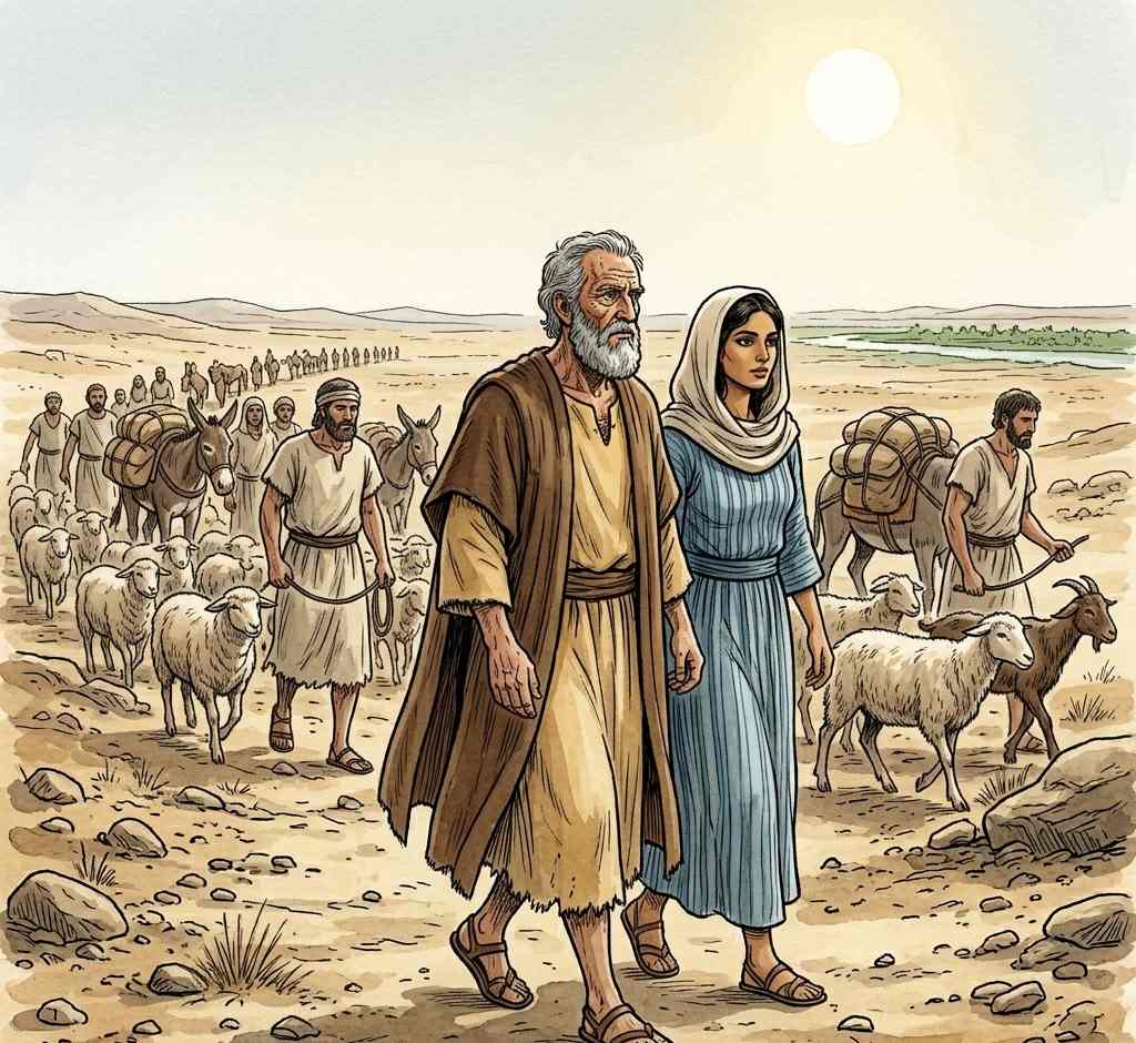 An old man and a woman traveling south toward Egypt with flocks and servants.