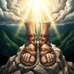 Feet standing firmly on a mountain peak with golden light breaking through clouds.