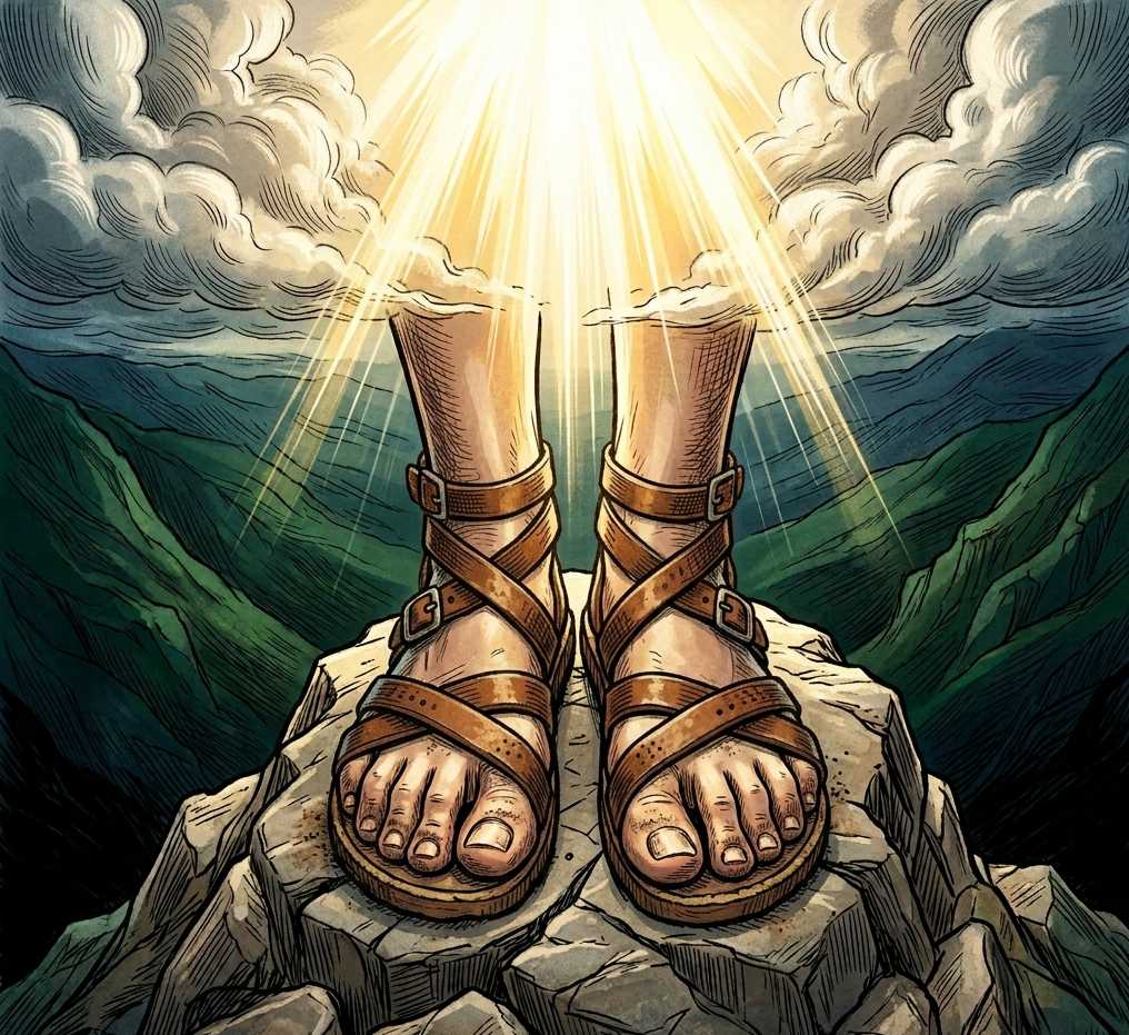 Feet standing firmly on a mountain peak with golden light breaking through clouds.